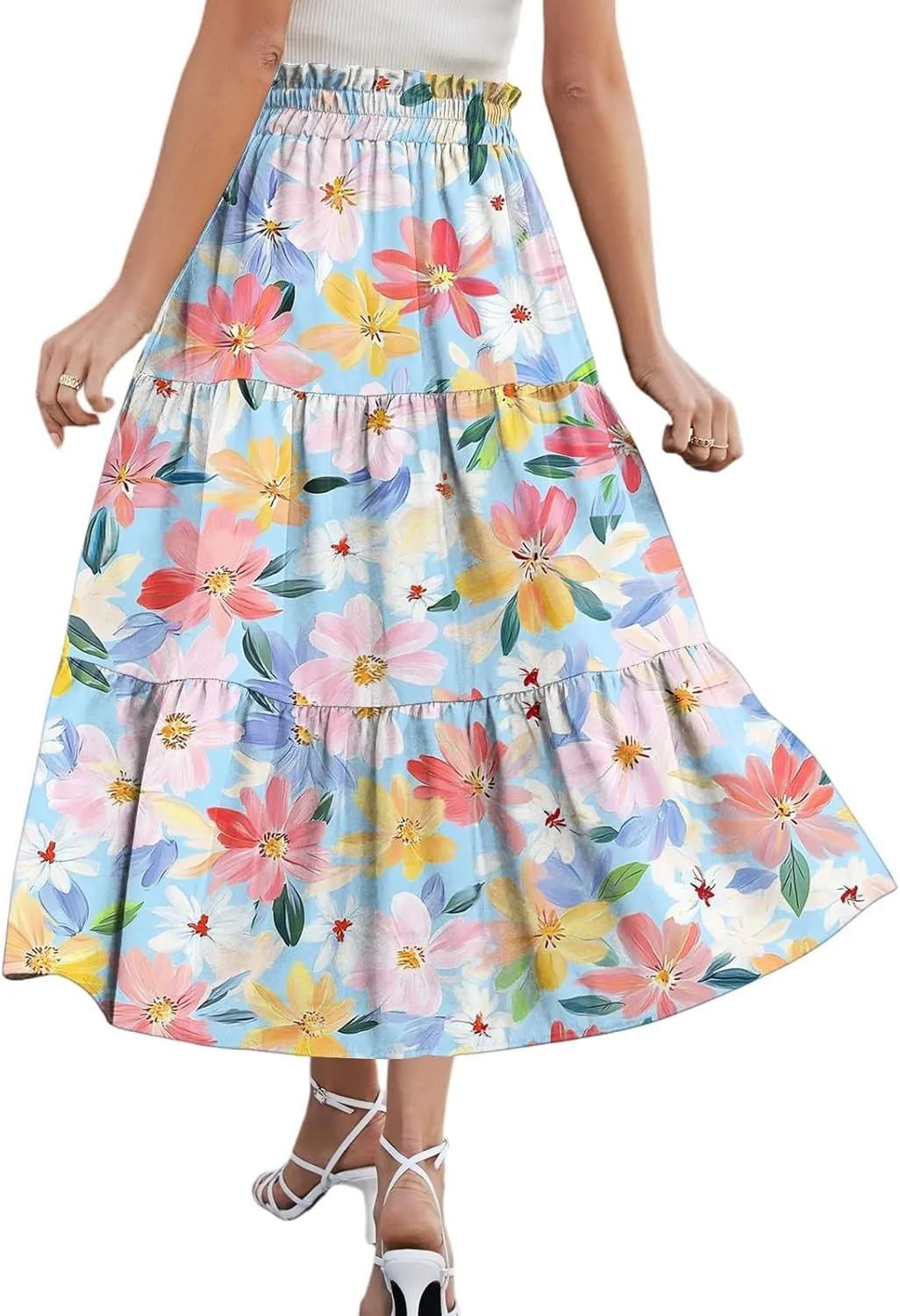 Flowy Floral Midi Skirts for Women Trendy Summer Casual High Waisted Plus Size Long Boho Work Skirt with Pockets