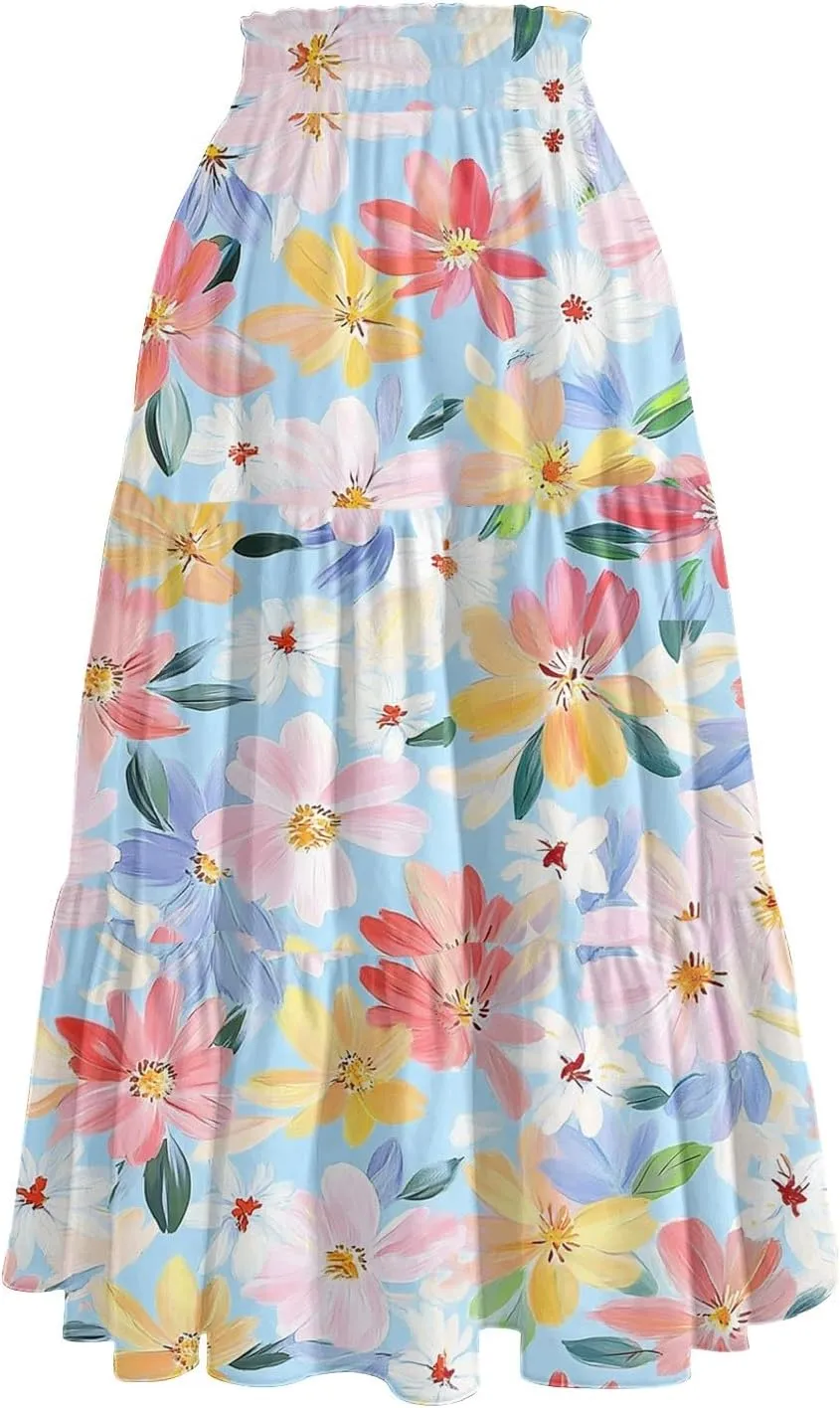 Flowy Floral Midi Skirts for Women Trendy Summer Casual High Waisted Plus Size Long Boho Work Skirt with Pockets