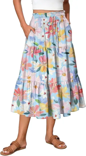 Flowy Floral Midi Skirts for Women Trendy Summer Casual High Waisted Plus Size Long Boho Work Skirt with Pockets