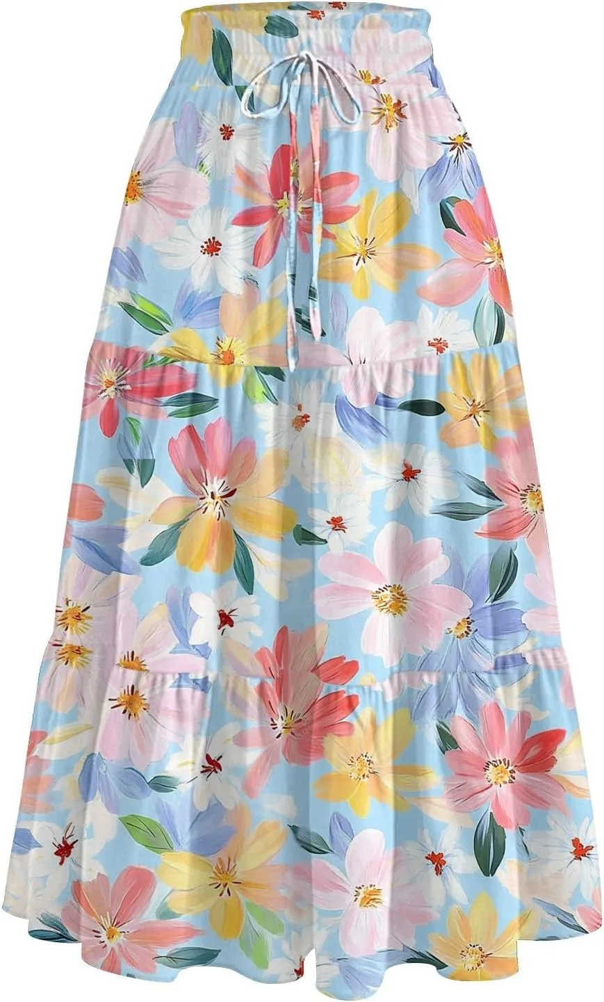 Flowy Floral Midi Skirts for Women Trendy Summer Casual High Waisted Plus Size Long Boho Work Skirt with Pockets