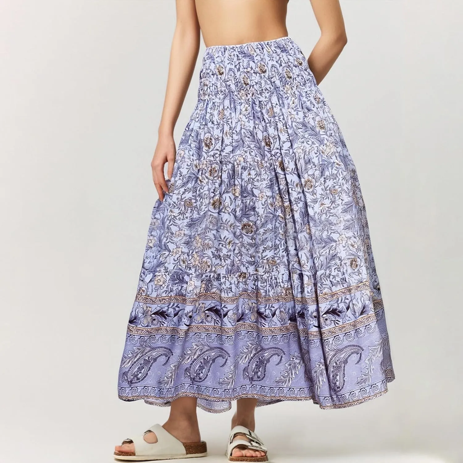 Flowy Maxi Skirts for Women Summer Drawstring Elastic A Line Skirt Business Tiered Pleated Skirt Long