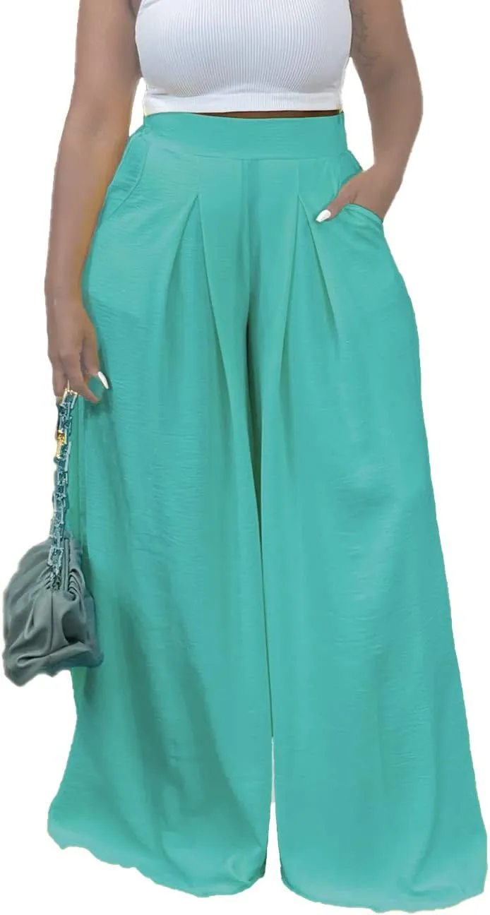 Flowy Pants for Women Casual High Waisted Wide Leg Palazzo Pants Trousers with Pocket Plus Size