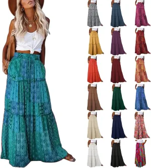 Flowy Tiered Maxi Skirts for Women 2025 Trendy Summer Vacation Boho Long Floral Skirt Elastic Drawstring A Line Skirt
