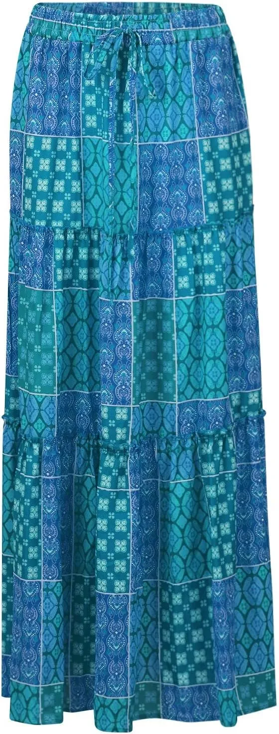 Flowy Tiered Maxi Skirts for Women 2025 Trendy Summer Vacation Boho Long Floral Skirt Elastic Drawstring A Line Skirt
