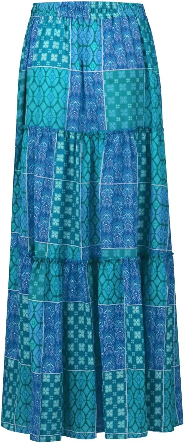 Flowy Tiered Maxi Skirts for Women 2025 Trendy Summer Vacation Boho Long Floral Skirt Elastic Drawstring A Line Skirt