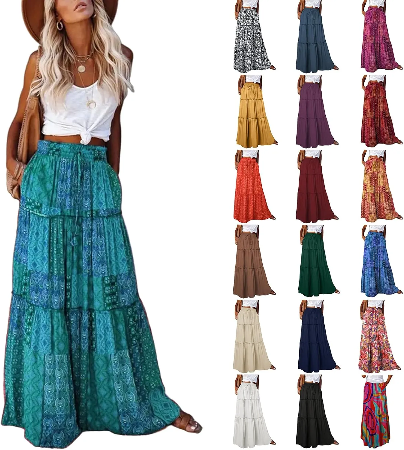 Flowy Tiered Maxi Skirts for Women 2025 Trendy Summer Vacation Boho Long Floral Skirt Elastic Drawstring A Line Skirt