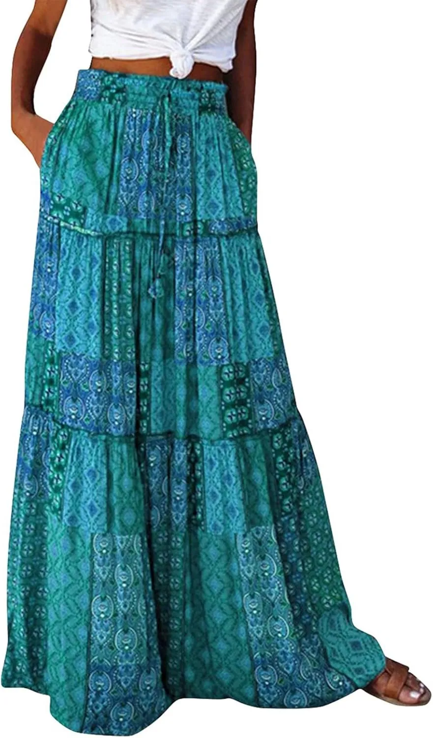 Flowy Tiered Maxi Skirts for Women 2025 Trendy Summer Vacation Boho Long Floral Skirt Elastic Drawstring A Line Skirt