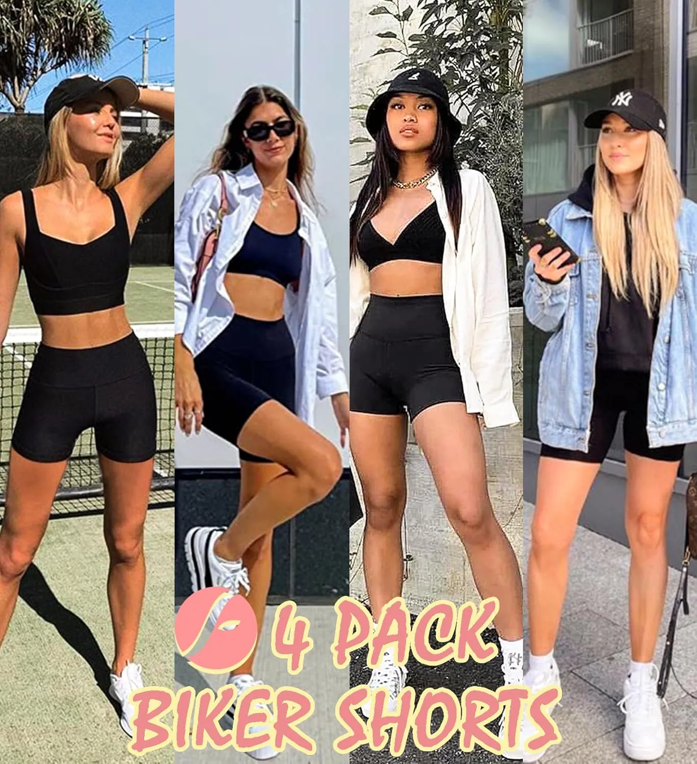 FULLSOFT 4 Pack Biker Shorts for Women with Pockets – 5" High Waisted Tummy Control Workout Yoga Running Gym Tennis Shorts