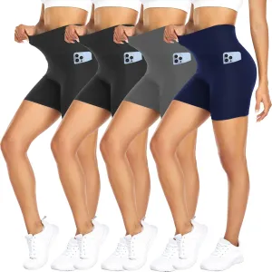 FULLSOFT 4 Pack Biker Shorts for Women with Pockets – 5" High Waisted Tummy Control Workout Yoga Running Gym Tennis Shorts
