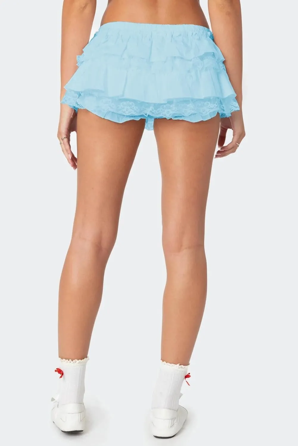Half Lace Mini Skirts for Women Low Waist Ruffle Pleated Layered Skirts Floral Lace Short Bloomer Skirts