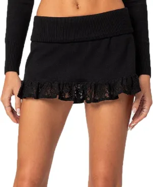 Half Lace Mini Skirts for Women Low Waist Ruffle Pleated Layered Skirts Floral Lace Short Bloomer Skirts