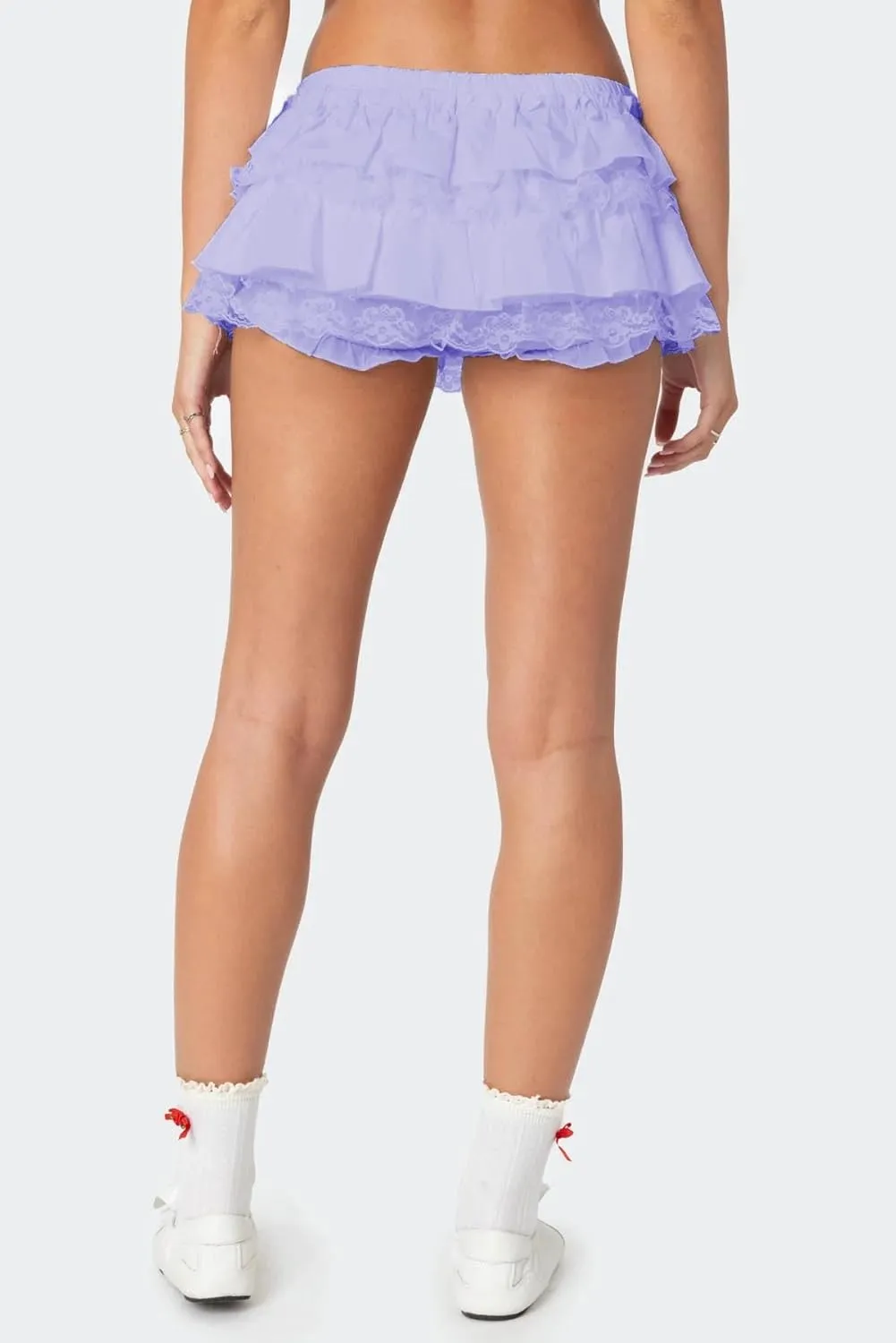Half Lace Mini Skirts for Women Low Waist Ruffle Pleated Layered Skirts Floral Lace Short Bloomer Skirts