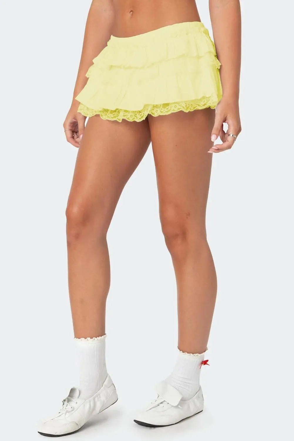 Half Lace Mini Skirts for Women Low Waist Ruffle Pleated Layered Skirts Floral Lace Short Bloomer Skirts