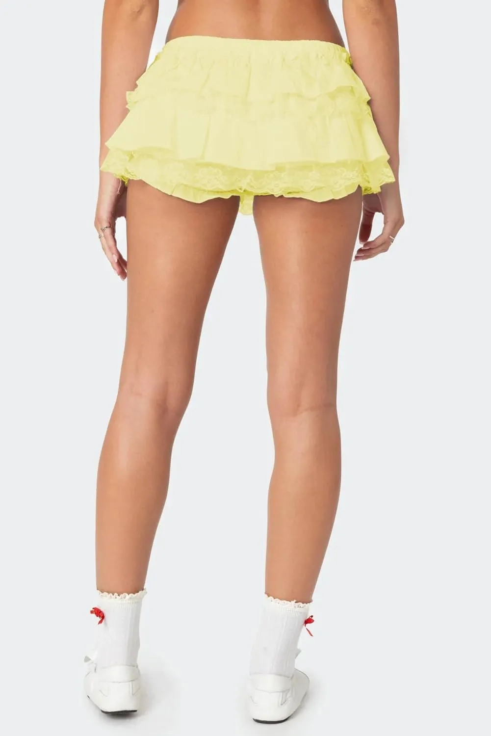 Half Lace Mini Skirts for Women Low Waist Ruffle Pleated Layered Skirts Floral Lace Short Bloomer Skirts