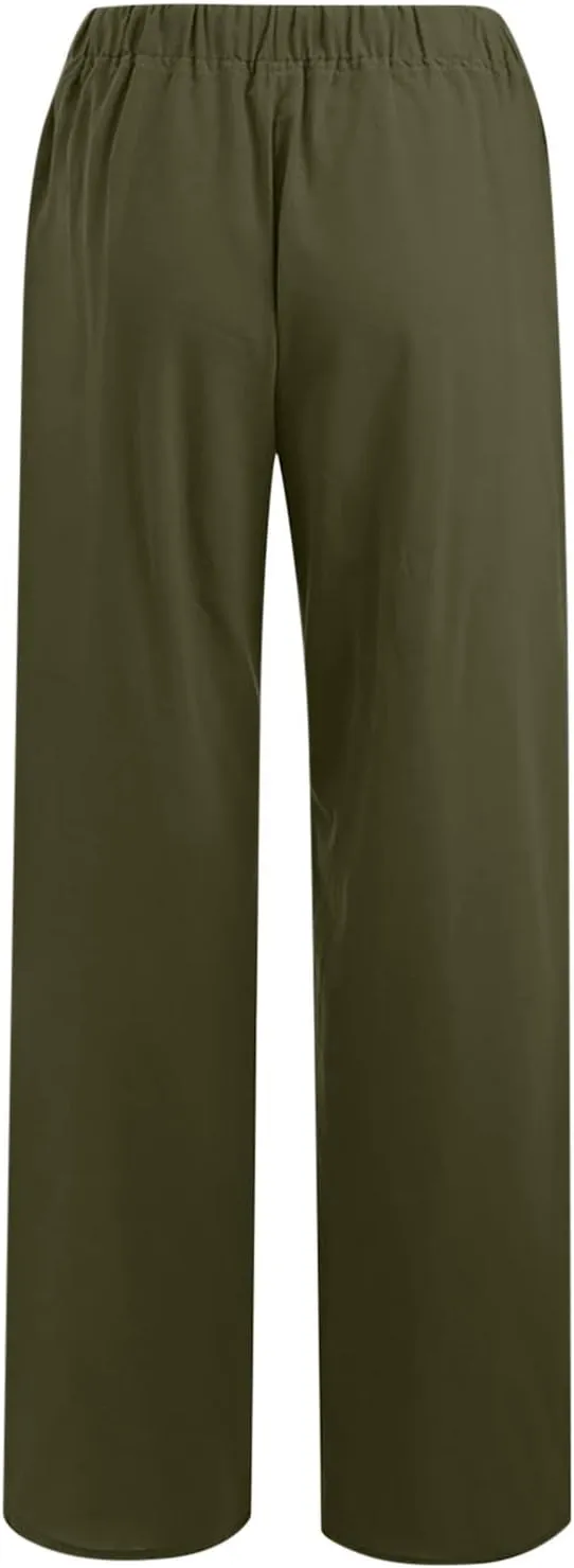 hlysgo Women's Summer Drawstring Waist Wide Leg Loose Cotton Linen Palazzo Pants 2025 Plus Size Ladies Casual Pants Trousers