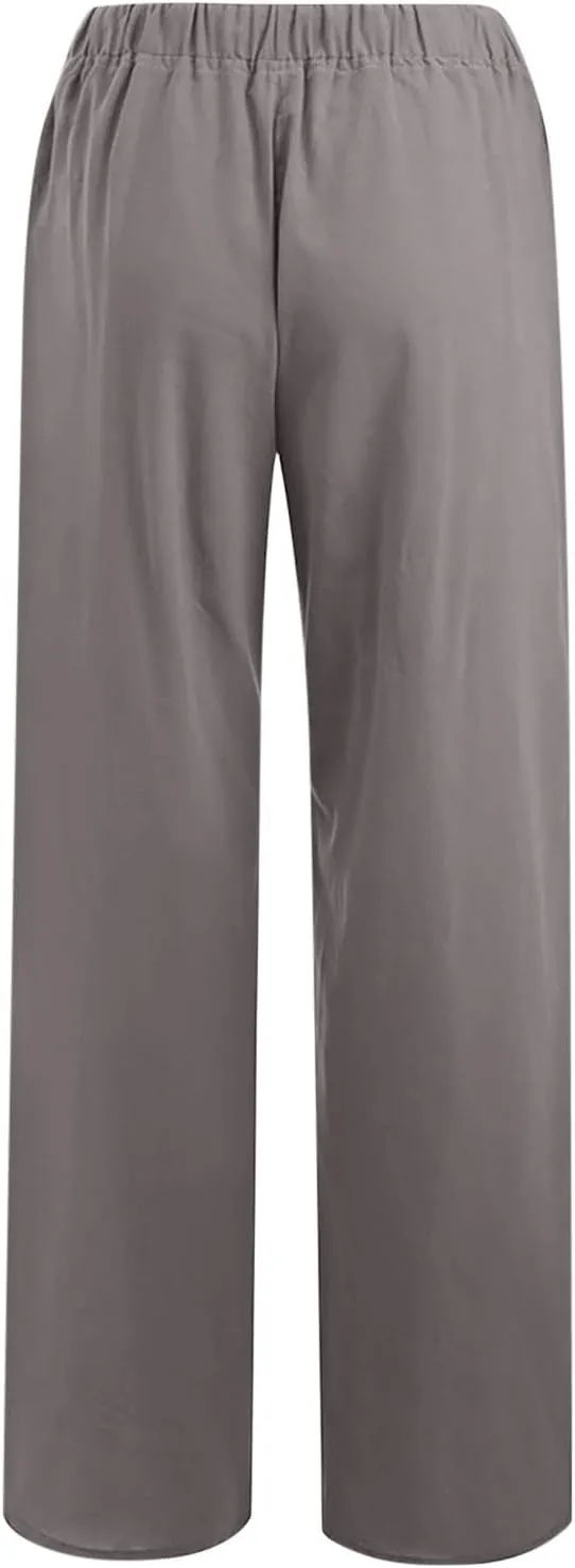hlysgo Women's Summer Drawstring Waist Wide Leg Loose Cotton Linen Palazzo Pants 2025 Plus Size Ladies Casual Pants Trousers