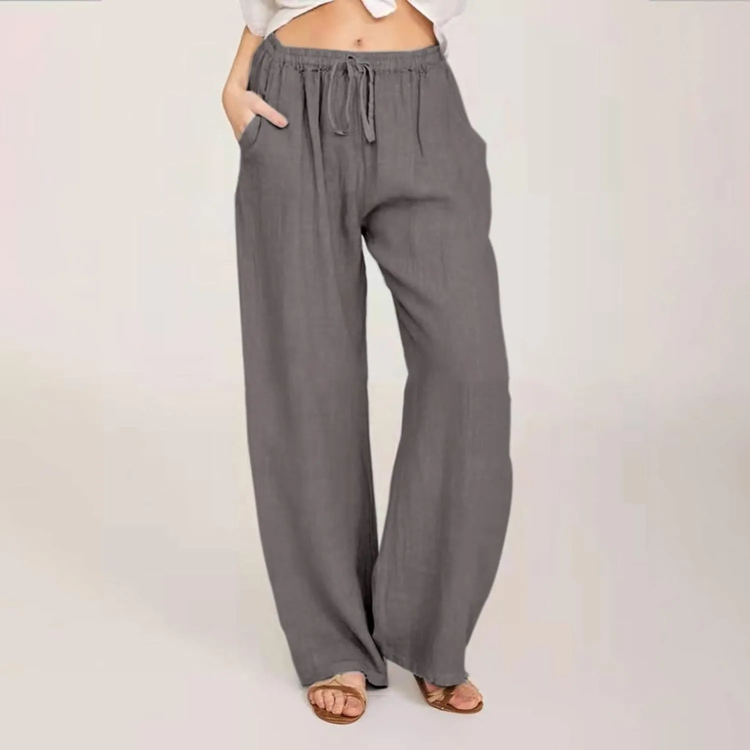 hlysgo Women's Summer Drawstring Waist Wide Leg Loose Cotton Linen Palazzo Pants 2025 Plus Size Ladies Casual Pants Trousers