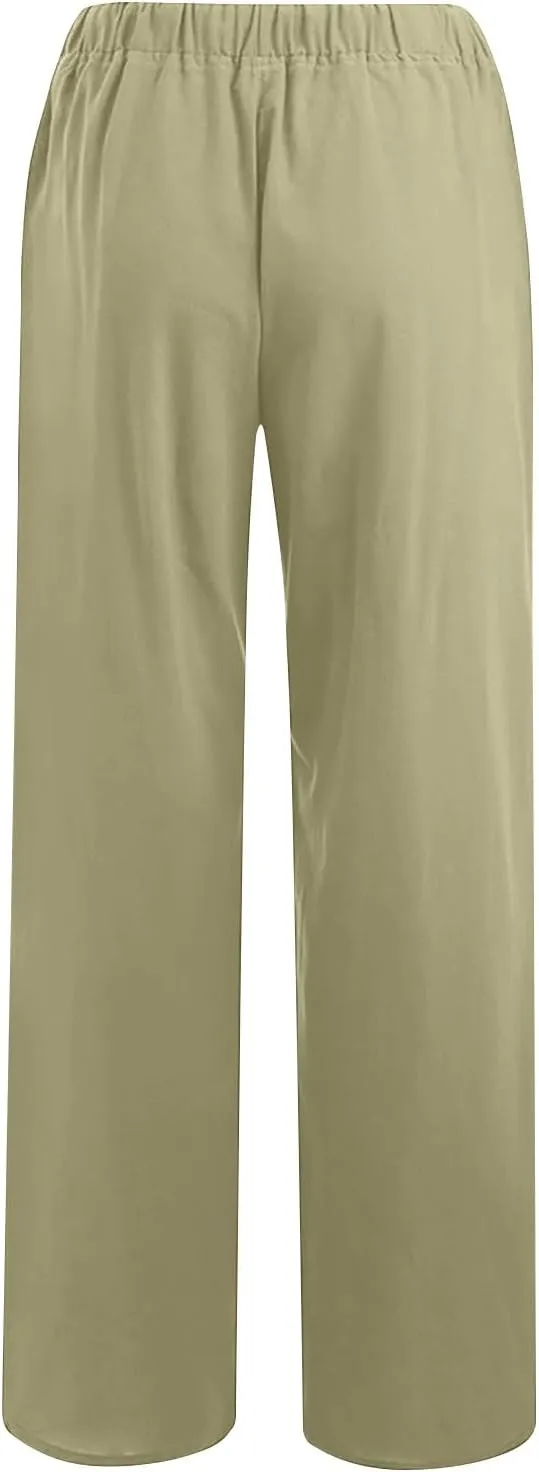hlysgo Women's Summer Drawstring Waist Wide Leg Loose Cotton Linen Palazzo Pants 2025 Plus Size Ladies Casual Pants Trousers
