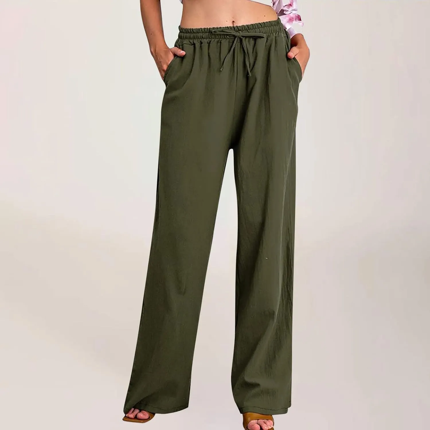 hlysgo Women's Summer Drawstring Waist Wide Leg Loose Cotton Linen Palazzo Pants 2025 Plus Size Ladies Casual Pants Trousers