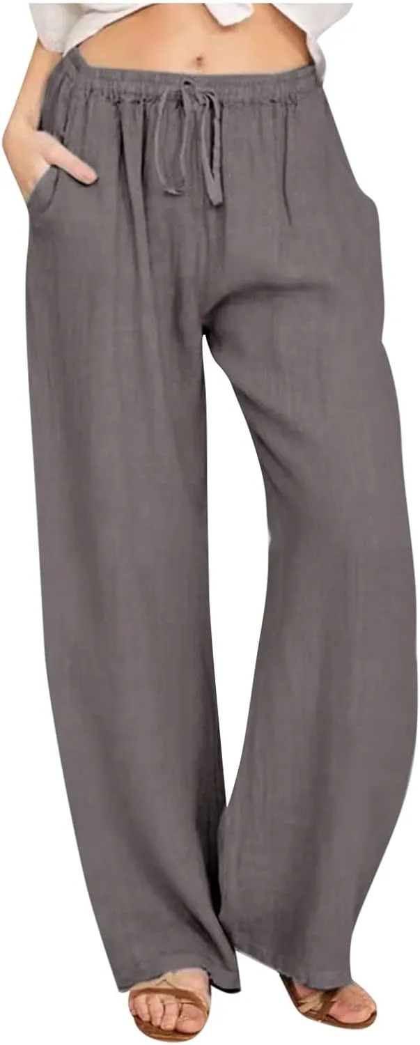 hlysgo Women's Summer Drawstring Waist Wide Leg Loose Cotton Linen Palazzo Pants 2025 Plus Size Ladies Casual Pants Trousers