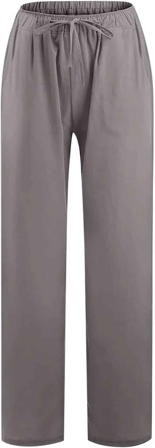 hlysgo Women's Summer Drawstring Waist Wide Leg Loose Cotton Linen Palazzo Pants 2025 Plus Size Ladies Casual Pants Trousers