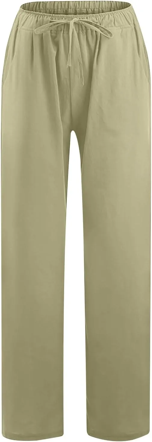 hlysgo Women's Summer Drawstring Waist Wide Leg Loose Cotton Linen Palazzo Pants 2025 Plus Size Ladies Casual Pants Trousers