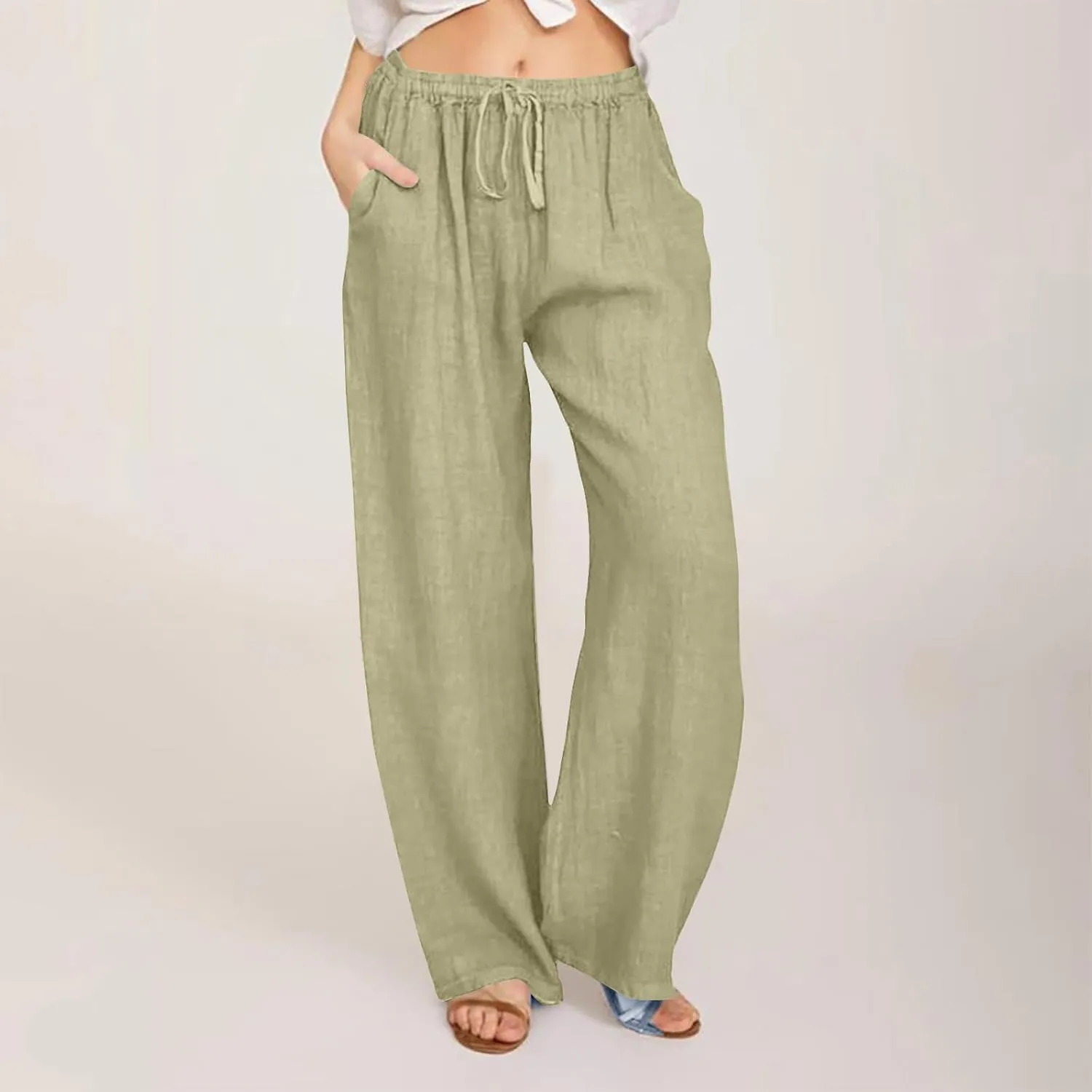 hlysgo Women's Summer Drawstring Waist Wide Leg Loose Cotton Linen Palazzo Pants 2025 Plus Size Ladies Casual Pants Trousers