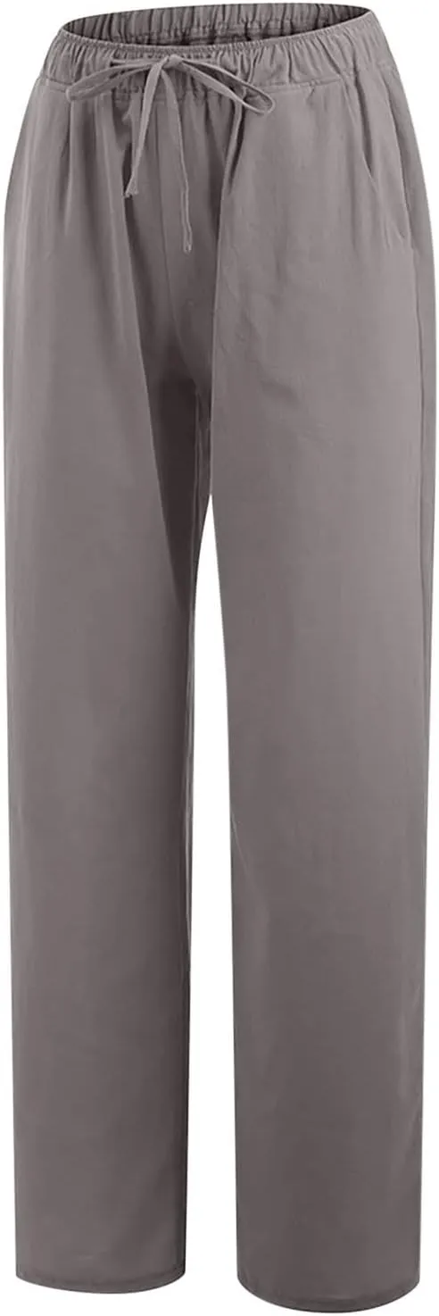 hlysgo Women's Summer Drawstring Waist Wide Leg Loose Cotton Linen Palazzo Pants 2025 Plus Size Ladies Casual Pants Trousers