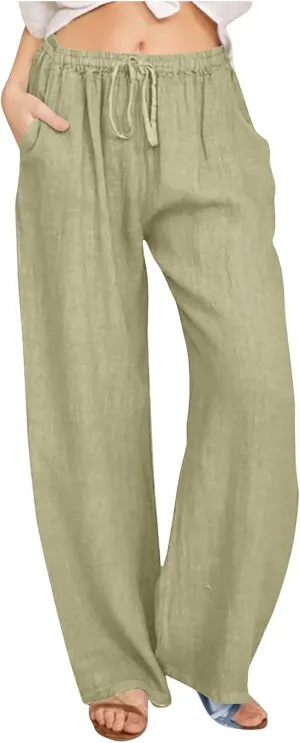 hlysgo Women's Summer Drawstring Waist Wide Leg Loose Cotton Linen Palazzo Pants 2025 Plus Size Ladies Casual Pants Trousers