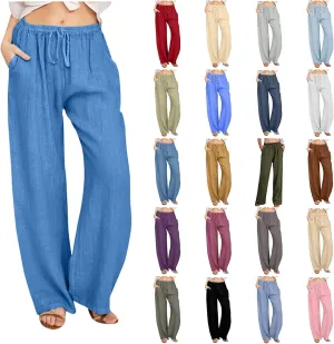 hlysgo Women's Summer Drawstring Waist Wide Leg Loose Cotton Linen Palazzo Pants 2025 Plus Size Ladies Casual Pants Trousers