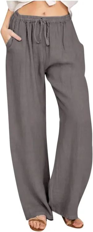 hlysgo Women's Summer Drawstring Waist Wide Leg Loose Cotton Linen Palazzo Pants 2025 Plus Size Ladies Casual Pants Trousers