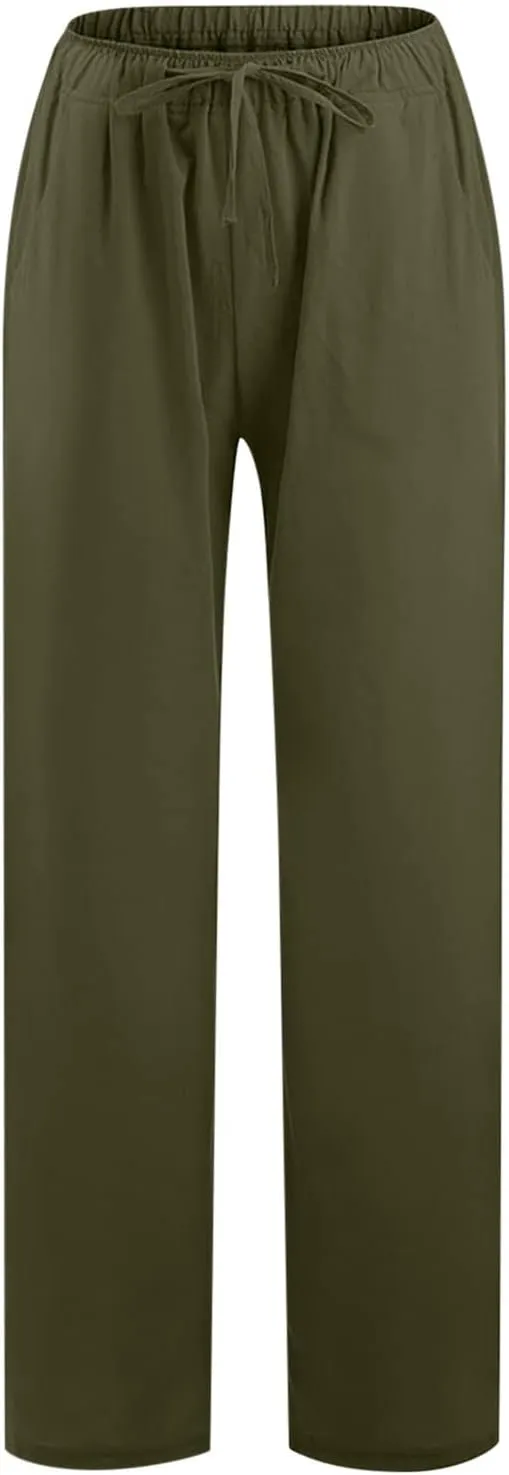 hlysgo Women's Summer Drawstring Waist Wide Leg Loose Cotton Linen Palazzo Pants 2025 Plus Size Ladies Casual Pants Trousers