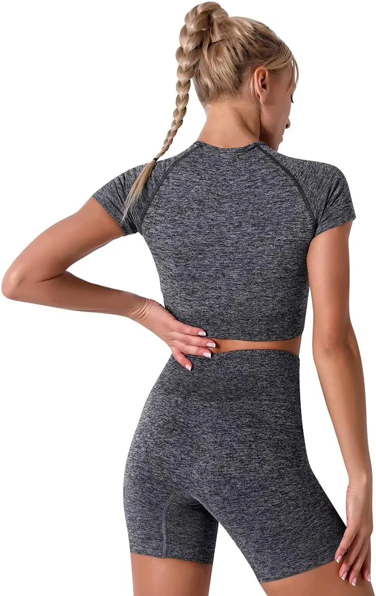 IWEMEK Women Seamless Yoga Outfits 2 Piece Workout Short Sleeve Crop Top with High Waisted Running Shorts Sets Activewear