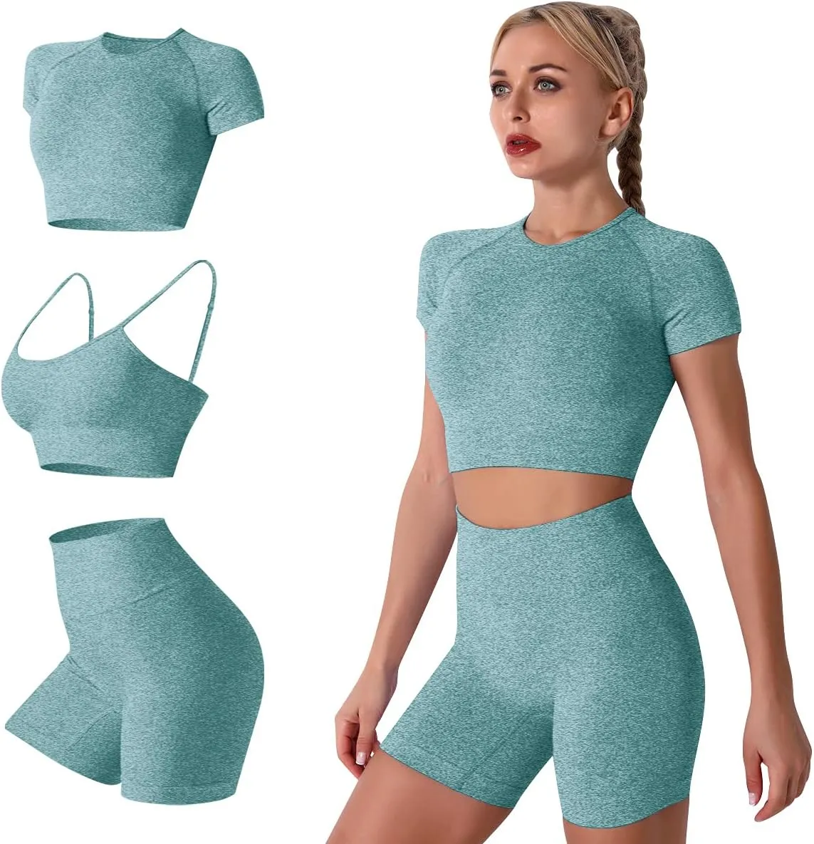 IWEMEK Women Seamless Yoga Outfits 2 Piece Workout Short Sleeve Crop Top with High Waisted Running Shorts Sets Activewear