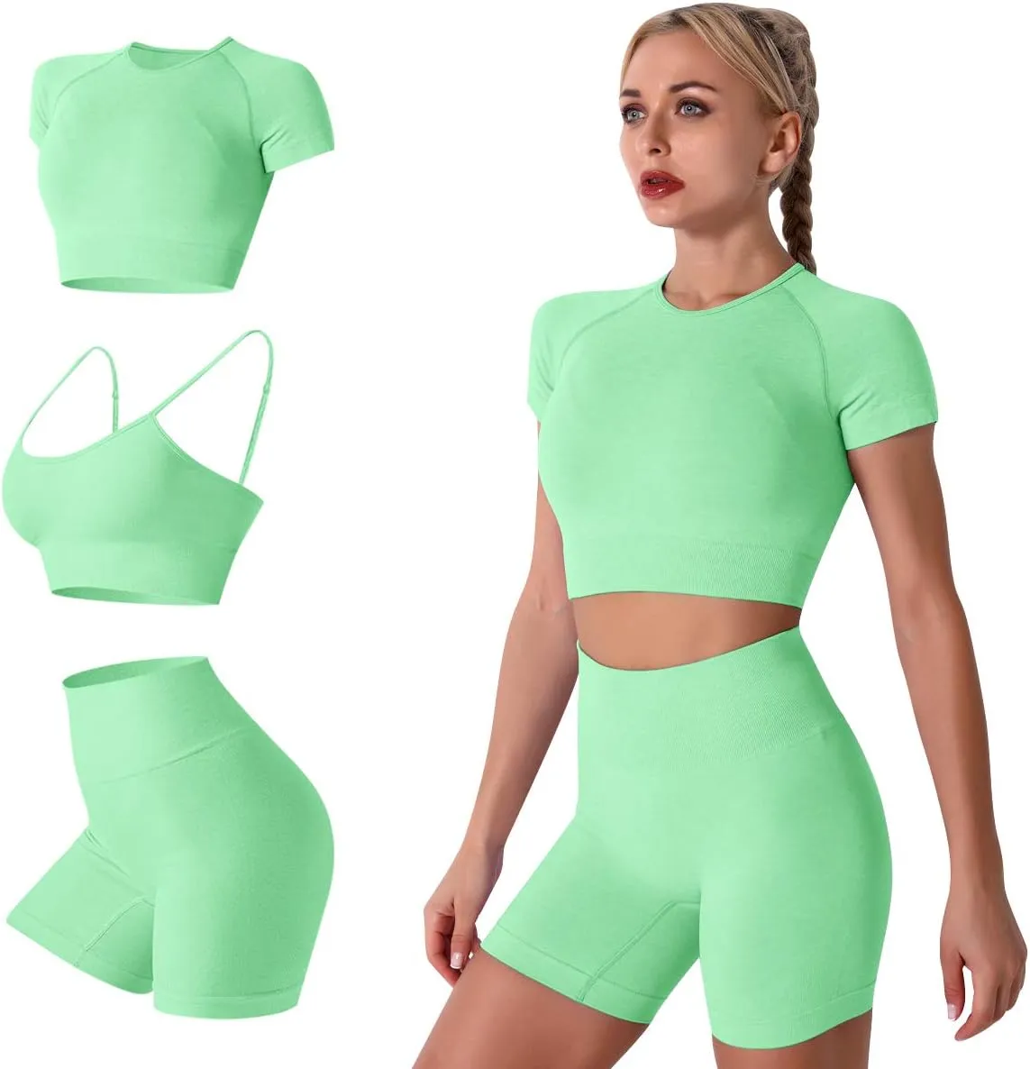 IWEMEK Women Seamless Yoga Outfits 2 Piece Workout Short Sleeve Crop Top with High Waisted Running Shorts Sets Activewear