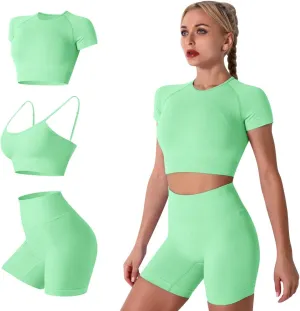 IWEMEK Women Seamless Yoga Outfits 2 Piece Workout Short Sleeve Crop Top with High Waisted Running Shorts Sets Activewear