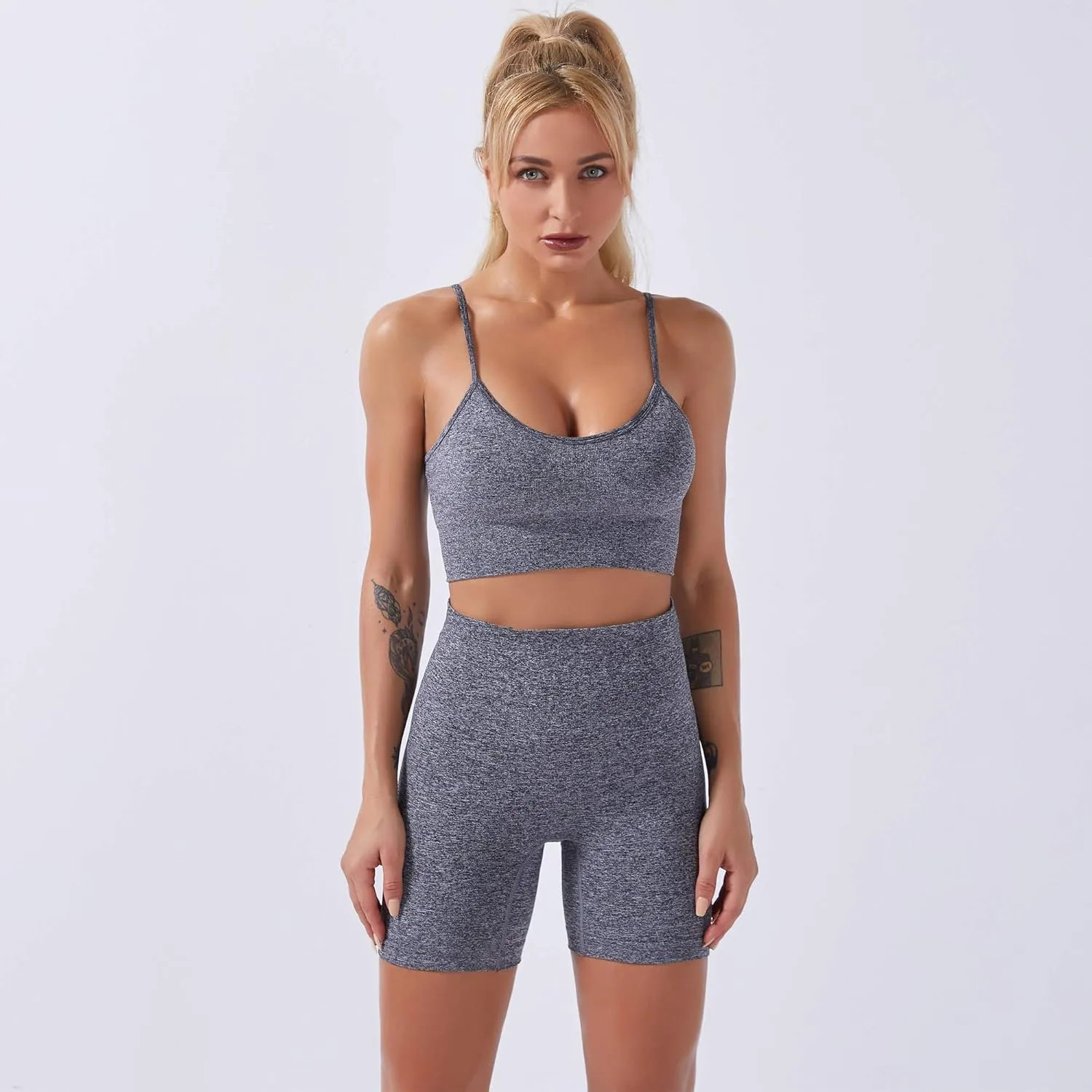 IWEMEK Women Seamless Yoga Outfits 2 Piece Workout Short Sleeve Crop Top with High Waisted Running Shorts Sets Activewear