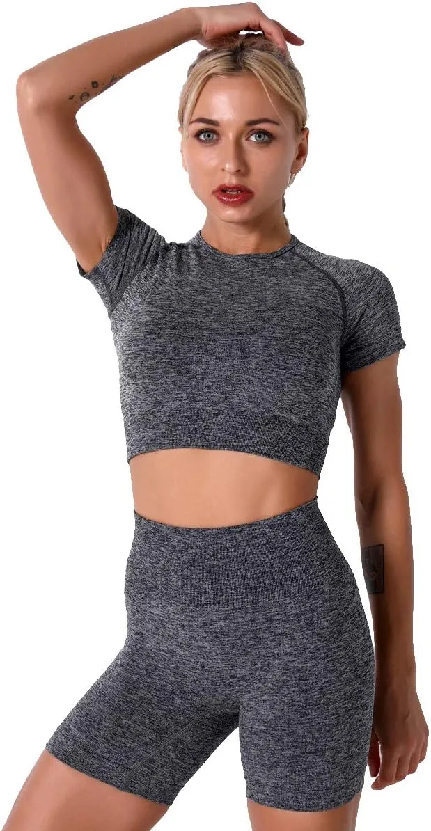 IWEMEK Women Seamless Yoga Outfits 2 Piece Workout Short Sleeve Crop Top with High Waisted Running Shorts Sets Activewear