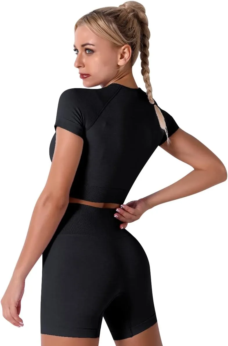 IWEMEK Women Seamless Yoga Outfits 2 Piece Workout Short Sleeve Crop Top with High Waisted Running Shorts Sets Activewear