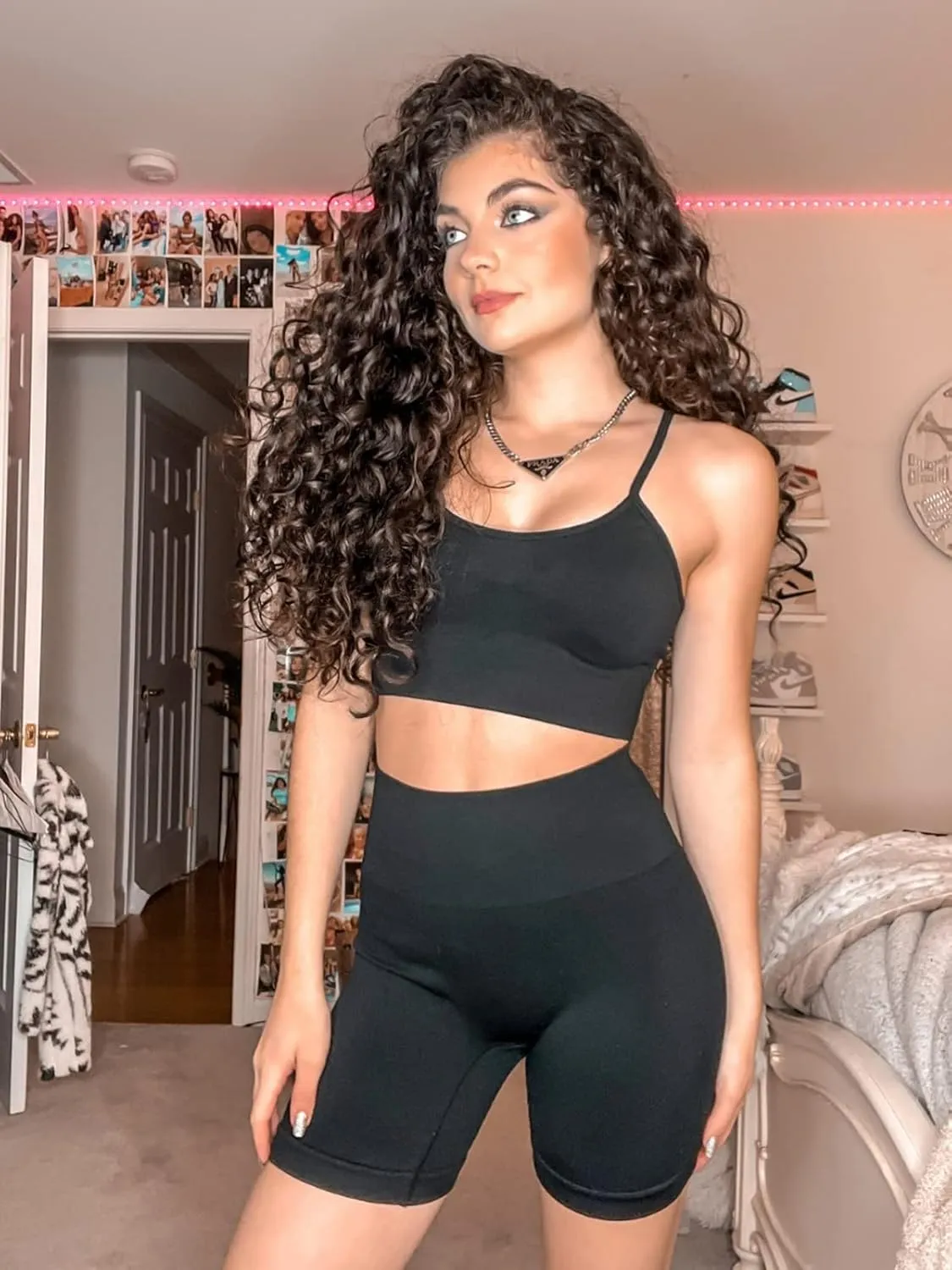 IWEMEK Women Seamless Yoga Outfits 2 Piece Workout Short Sleeve Crop Top with High Waisted Running Shorts Sets Activewear