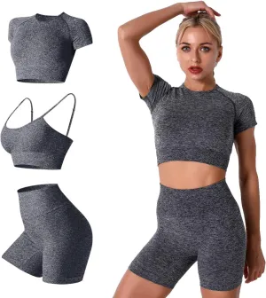 IWEMEK Women Seamless Yoga Outfits 2 Piece Workout Short Sleeve Crop Top with High Waisted Running Shorts Sets Activewear