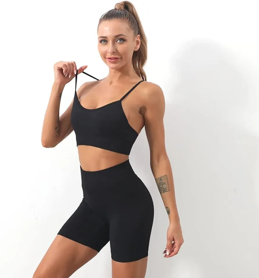 IWEMEK Women Seamless Yoga Outfits 2 Piece Workout Short Sleeve Crop Top with High Waisted Running Shorts Sets Activewear