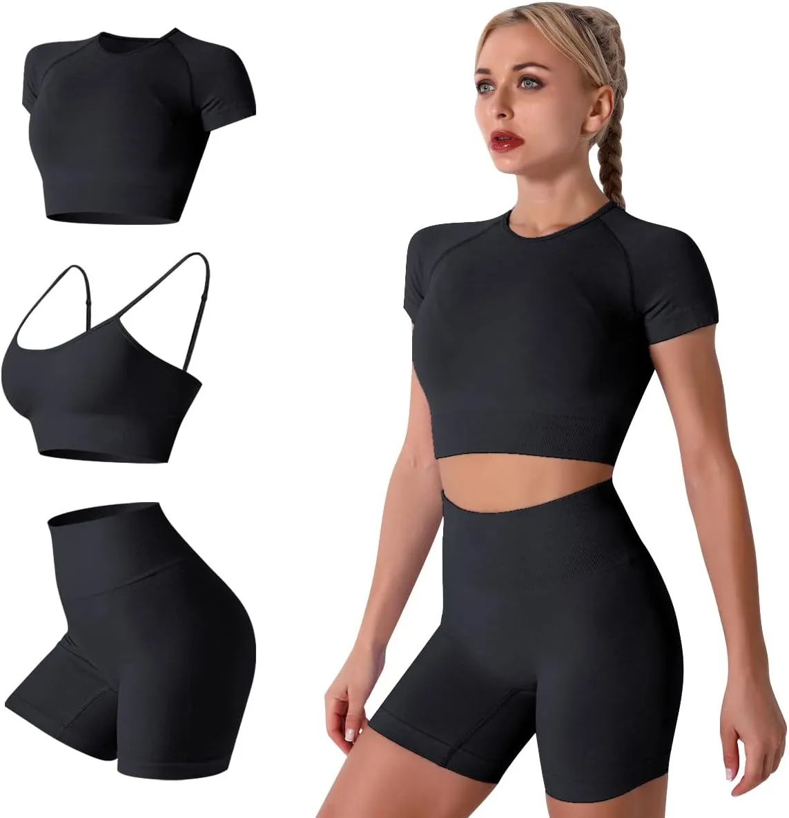 IWEMEK Women Seamless Yoga Outfits 2 Piece Workout Short Sleeve Crop Top with High Waisted Running Shorts Sets Activewear