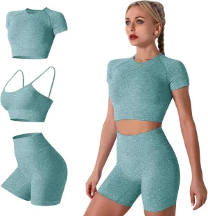 IWEMEK Women Seamless Yoga Outfits 2 Piece Workout Short Sleeve Crop Top with High Waisted Running Shorts Sets Activewear