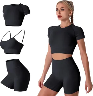 IWEMEK Women Seamless Yoga Outfits 2 Piece Workout Short Sleeve Crop Top with High Waisted Running Shorts Sets Activewear
