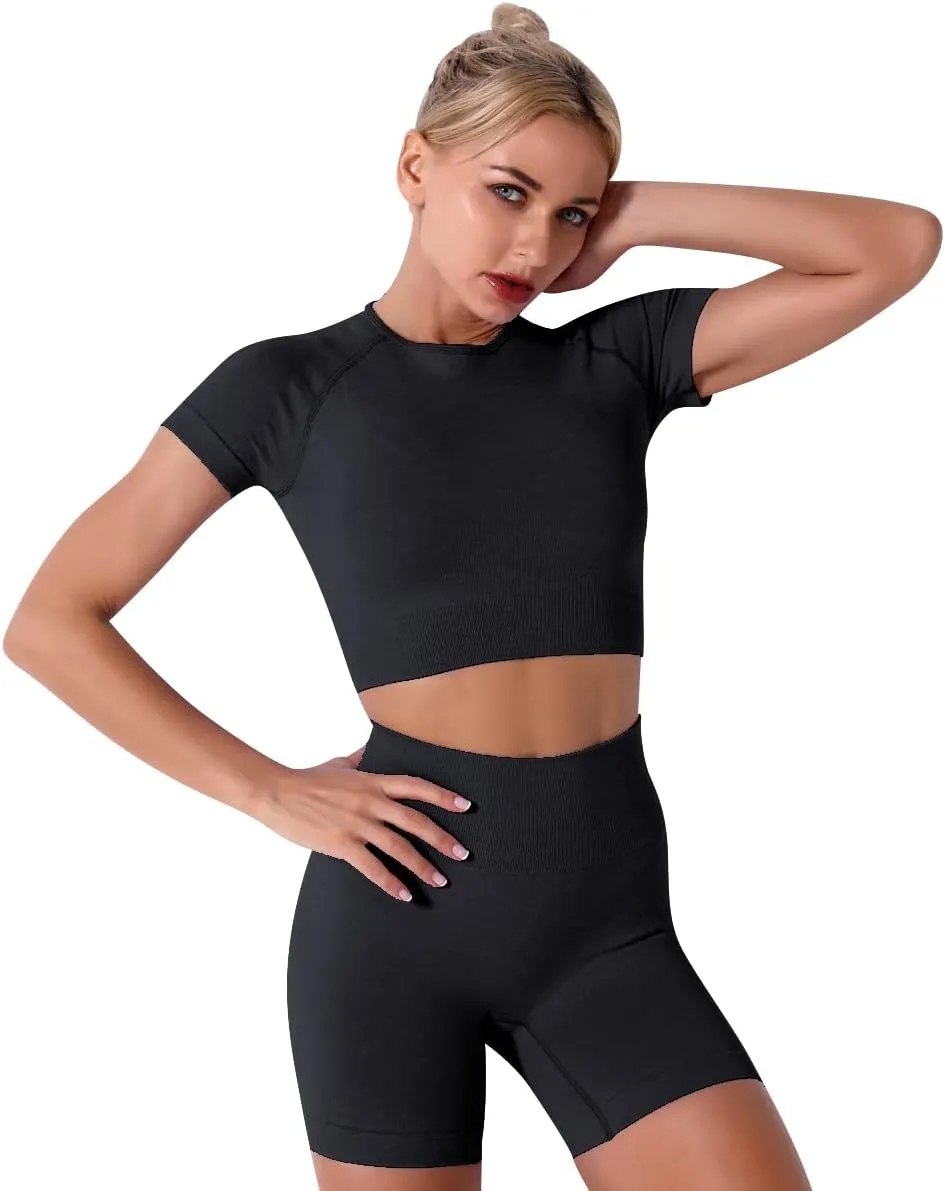 IWEMEK Women Seamless Yoga Outfits 2 Piece Workout Short Sleeve Crop Top with High Waisted Running Shorts Sets Activewear