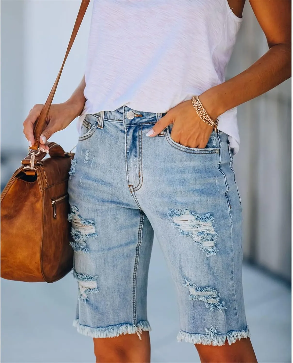 JEKE-DG Women Bermuda Denim Shorts Destroyed Raw Hem Shorts Jeans High Waisted Frayed Stretch Jean Shorts