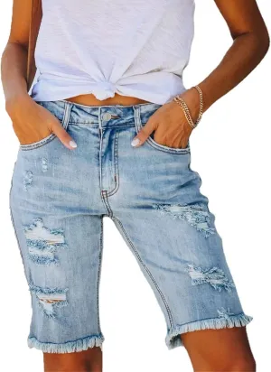JEKE-DG Women Bermuda Denim Shorts Destroyed Raw Hem Shorts Jeans High Waisted Frayed Stretch Jean Shorts