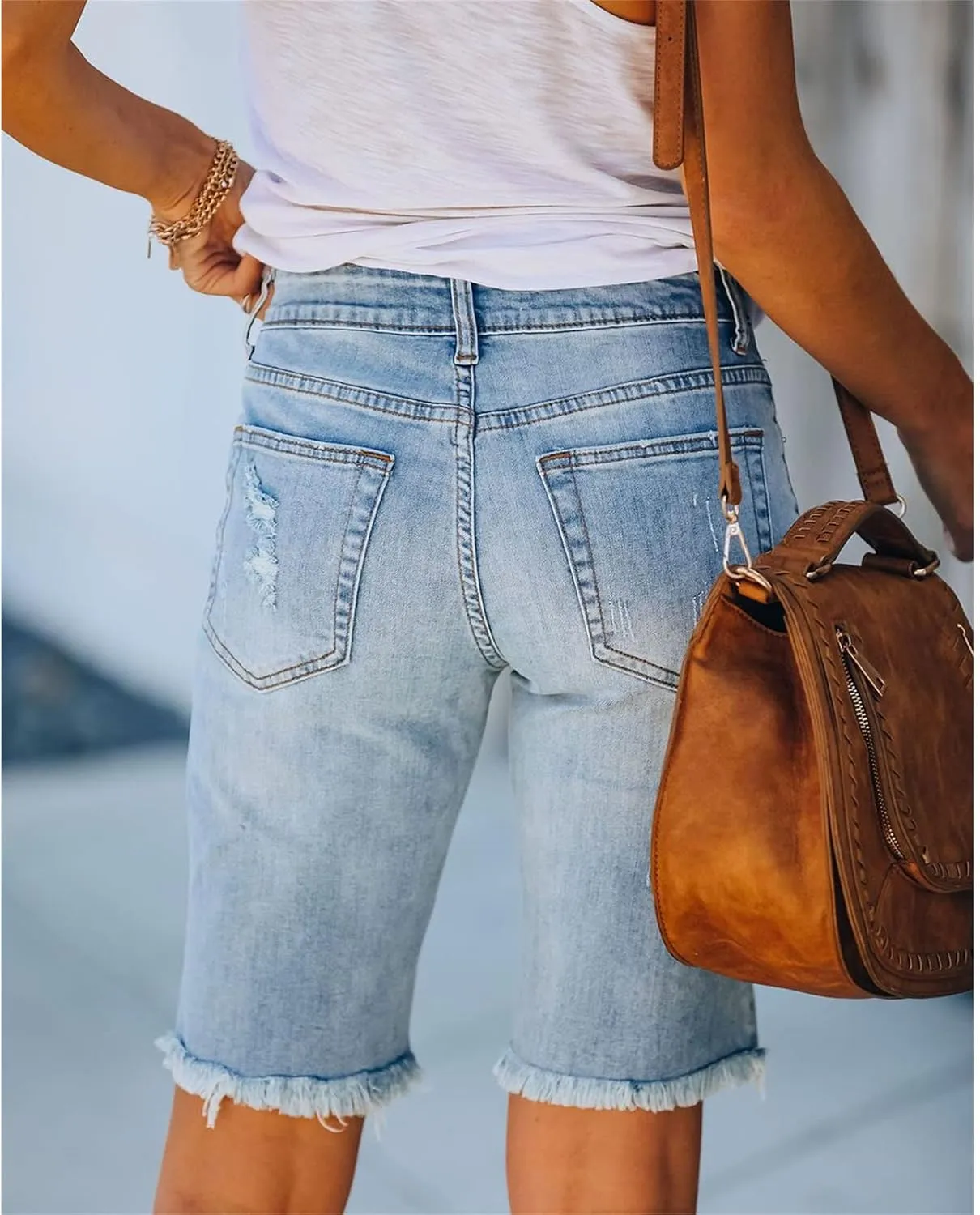 JEKE-DG Women Bermuda Denim Shorts Destroyed Raw Hem Shorts Jeans High Waisted Frayed Stretch Jean Shorts
