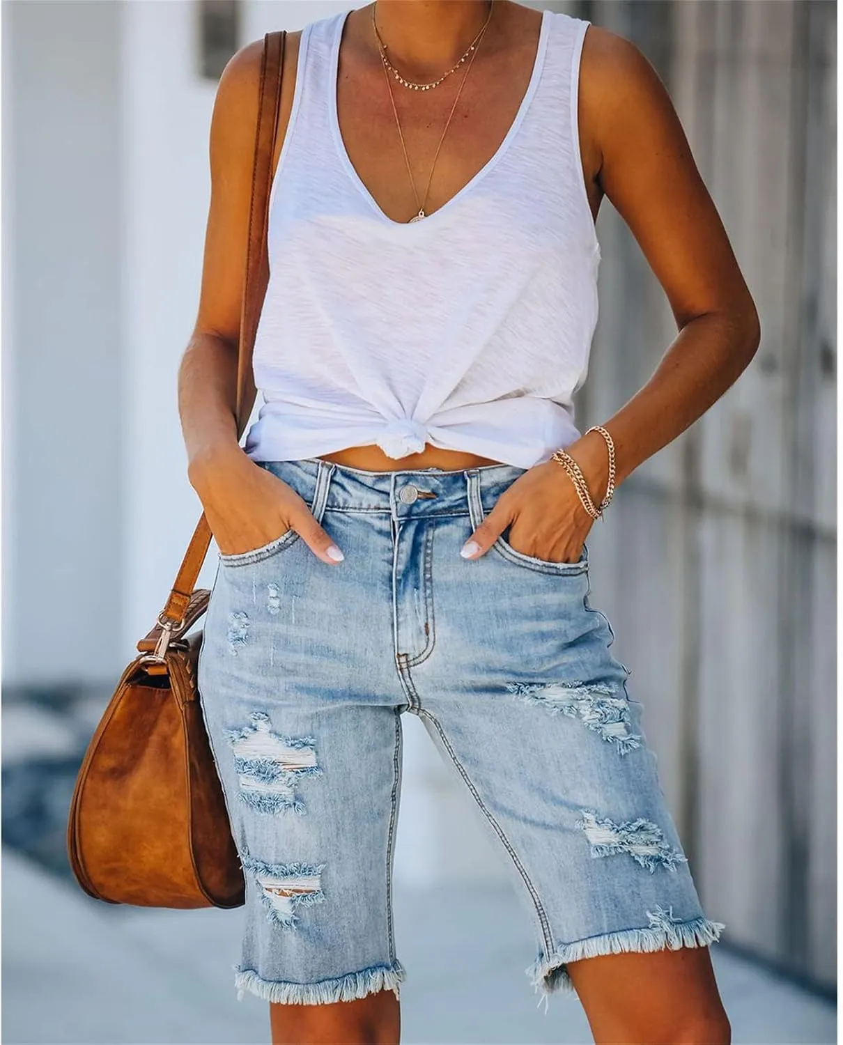 JEKE-DG Women Bermuda Denim Shorts Destroyed Raw Hem Shorts Jeans High Waisted Frayed Stretch Jean Shorts